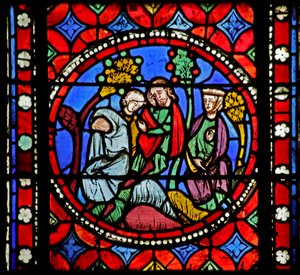 Window depicting Scene from the life of Saint Bonnet: Bonnet and his Family finding his Father who had suddenly died on the Roadside by French School